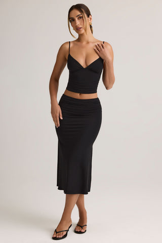 Modal Ruched Mid-Rise Midaxi Skirt in Black