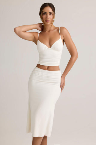 Modal Ruched Mid-Rise Midaxi Skirt in White