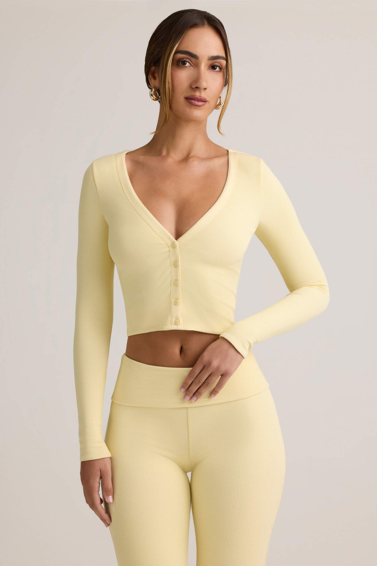 Modal Ribbed Cropped Cardigan in ButterCream Yellow