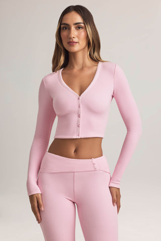 Modal Ribbed Cropped Cardigan in Pastel Pink