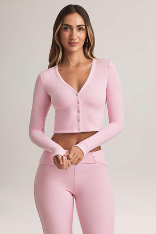 Modal Ribbed Cropped Cardigan in Pastel Pink