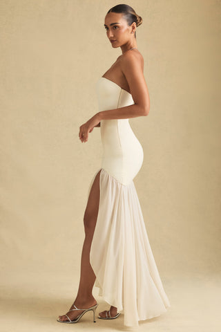 Asymmetric Strapless Fishtail Maxi Dress in Ivory