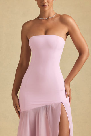 Asymmetric Strapless Fishtail Maxi Dress in Soft Pink