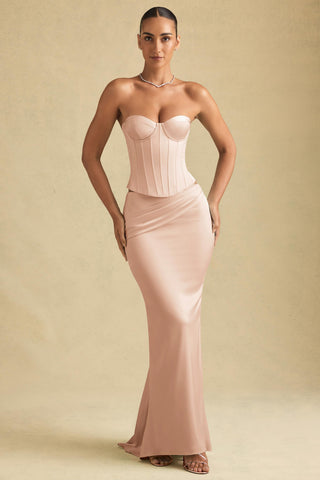 Draped Low-Rise Maxi Skirt in Beige Gold