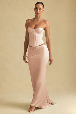 Draped Low-Rise Maxi Skirt in Beige Gold