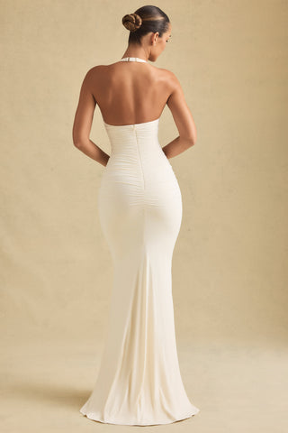 Ruched Backless Halterneck Gown in Ivory