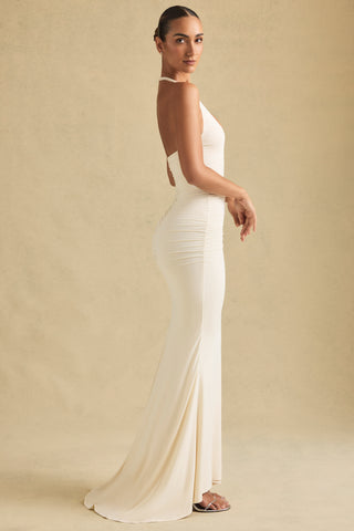 Ruched Backless Halterneck Gown in Ivory