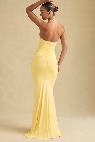 Ruched Backless Halterneck Gown in Pastel Yellow