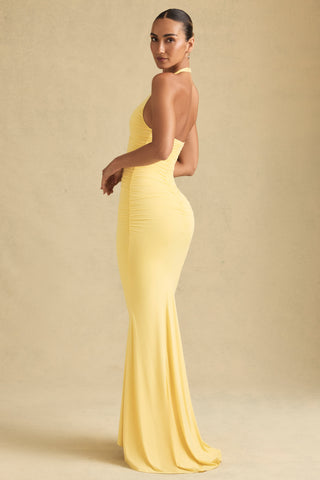 Ruched Backless Halterneck Gown in Pastel Yellow