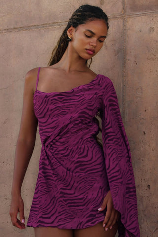 Devoré One-Sleeve A-Line Mini Dress in Berry Purple