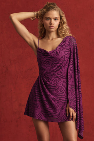 Devoré One-Sleeve A-Line Mini Dress in Berry Purple