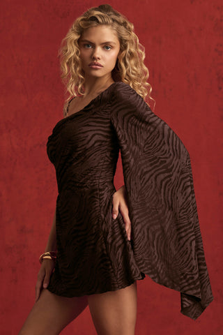 Devoré One-Sleeve A-Line Mini Dress in Dark Chocolate
