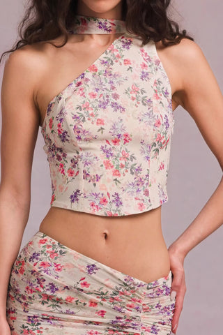 Scarf-Detail One-Shoulder Top in Primrose Floral Print