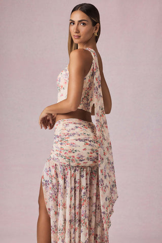 Scarf-Detail One-Shoulder Top in Primrose Floral Print