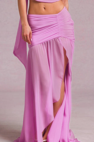 Asymmetric Ruched Maxi Skirt in Pink Orchid
