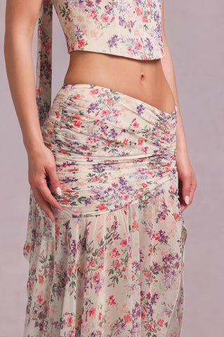 Asymmetric Ruched Maxi Skirt in Primrose Floral Print