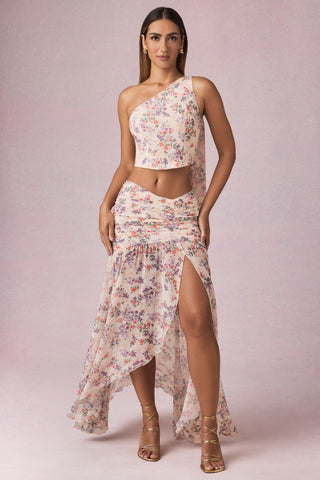 Asymmetric Ruched Maxi Skirt in Primrose Floral Print