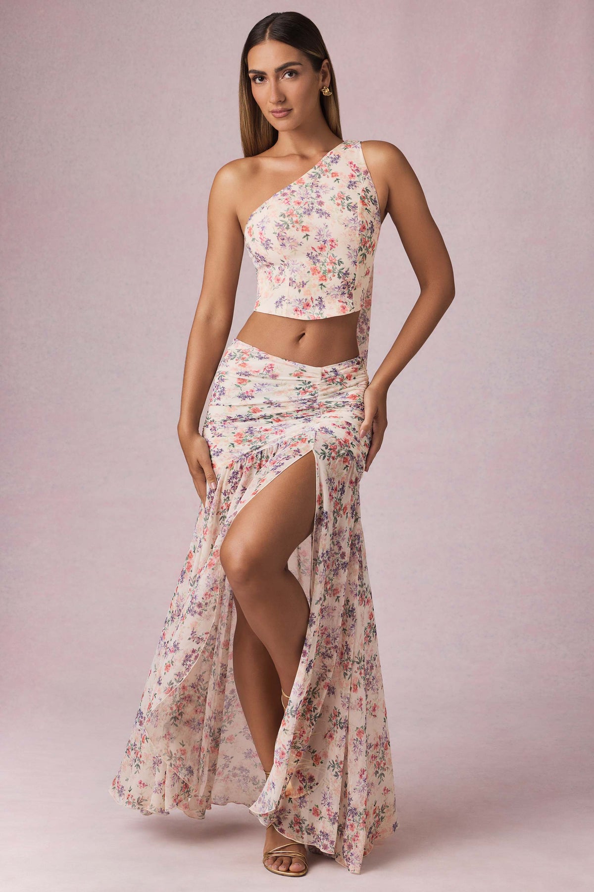 Asymmetric Ruched Maxi Skirt in Primrose Floral Print