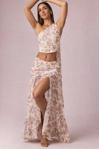 Asymmetric Ruched Maxi Skirt in Primrose Floral Print