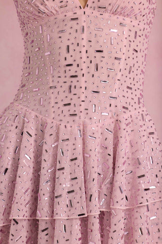 Embellished Ruffled Tiered Mini Dress in Pink