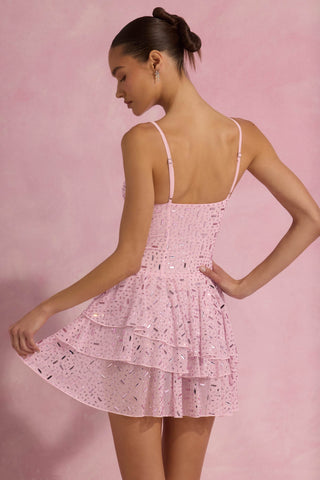 Embellished Ruffled Tiered Mini Dress in Pink