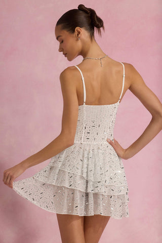 Embellished Ruffled Tiered Mini Dress in White