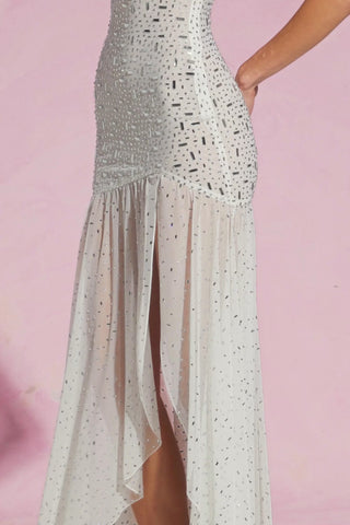 Semi-Sheer Embellished Asymmetric Maxi Dress in White
