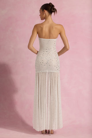 Semi-Sheer Embellished Asymmetric Maxi Dress in White