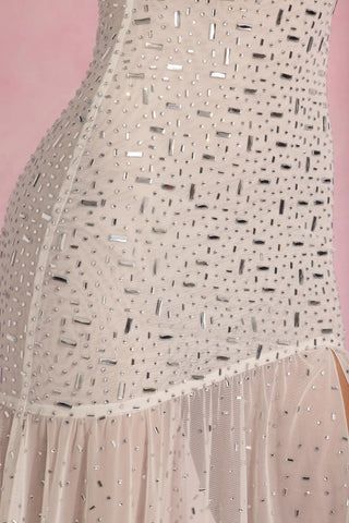 Semi-Sheer Embellished Asymmetric Maxi Dress in White