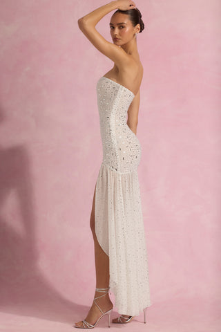 Semi-Sheer Embellished Asymmetric Maxi Dress in White