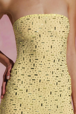 Semi-Sheer Embellished Asymmetric Maxi Dress in Yellow