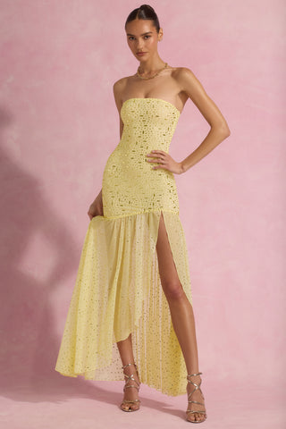 Semi-Sheer Embellished Asymmetric Maxi Dress in Yellow