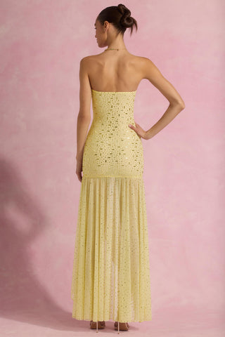 Semi-Sheer Embellished Asymmetric Maxi Dress in Yellow