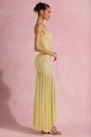 Semi-Sheer Embellished Asymmetric Maxi Dress in Yellow