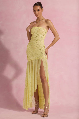 Semi-Sheer Embellished Asymmetric Maxi Dress in Yellow