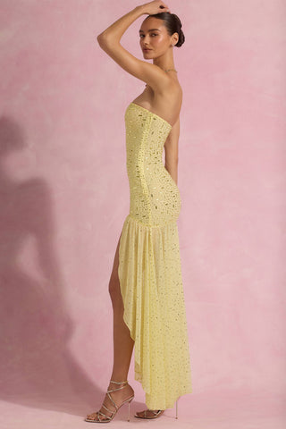 Semi-Sheer Embellished Asymmetric Maxi Dress in Yellow