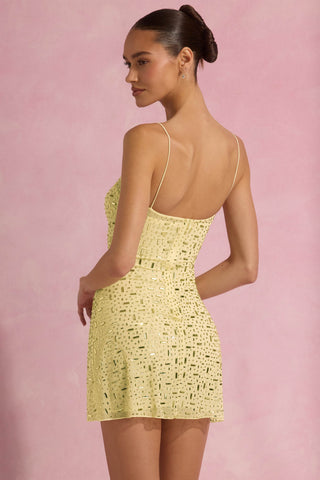 Sheer Embellished Square-Neck Mini Dress in Yellow