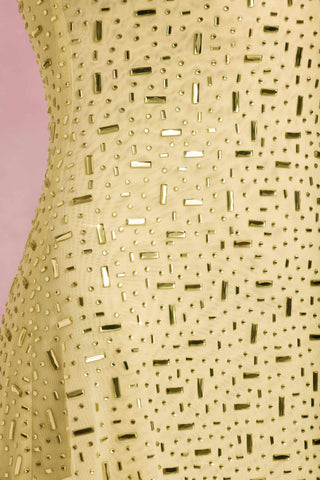 Sheer Embellished Square-Neck Mini Dress in Yellow