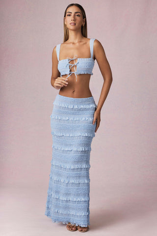 Ruffled Mid-Rise Maxi Skirt in Powder Blue
