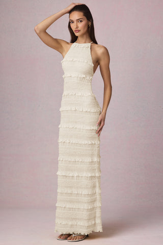 Ruffled Backless Halterneck Maxi Dress in Ivory