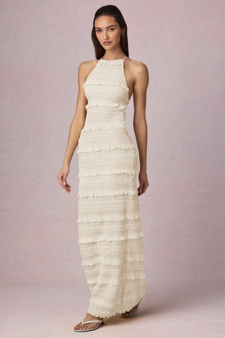 Ruffled Backless Halterneck Maxi Dress in Ivory
