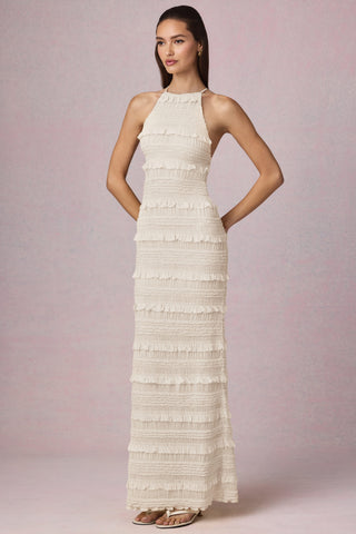 Ruffled Backless Halterneck Maxi Dress in Ivory