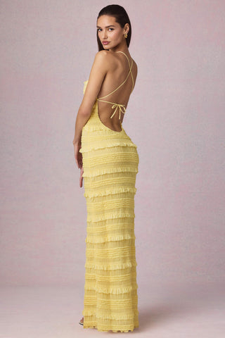 Ruffled Backless Halterneck Maxi Dress in Lemon Yellow