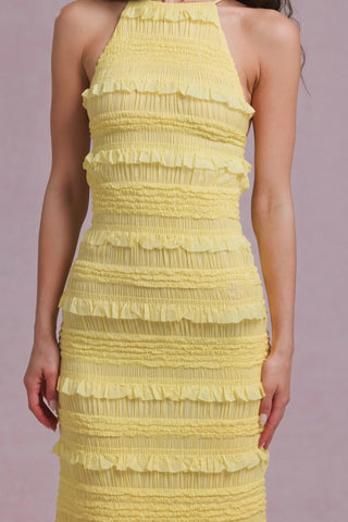 Ruffled Backless Halterneck Maxi Dress in Lemon Yellow