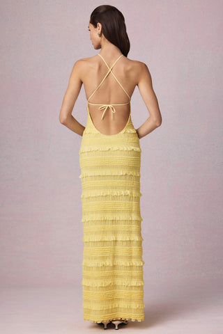 Ruffled Backless Halterneck Maxi Dress in Lemon Yellow