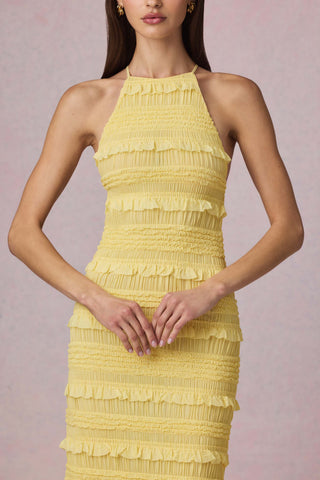 Ruffled Backless Halterneck Maxi Dress in Lemon Yellow