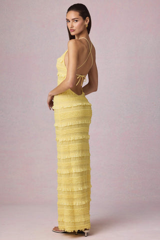 Ruffled Backless Halterneck Maxi Dress in Lemon Yellow