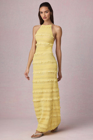 Ruffled Backless Halterneck Maxi Dress in Lemon Yellow