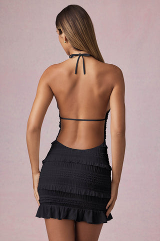 Ruffled Backless Halterneck Mini Dress in Black