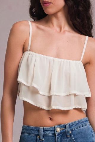 Ruffled Cropped Camisole Top in Ivory